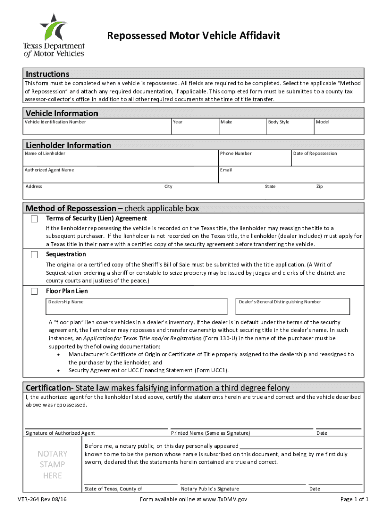  Form VTR 264 &amp;quot;Repossessed Motor Vehicle Affidavit&amp;quot; Texas 2016-2024