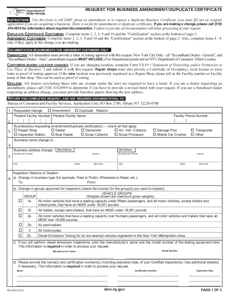 Get and Sign Form MV 253G Request for Business AmendmentDuplicate 2019-2022