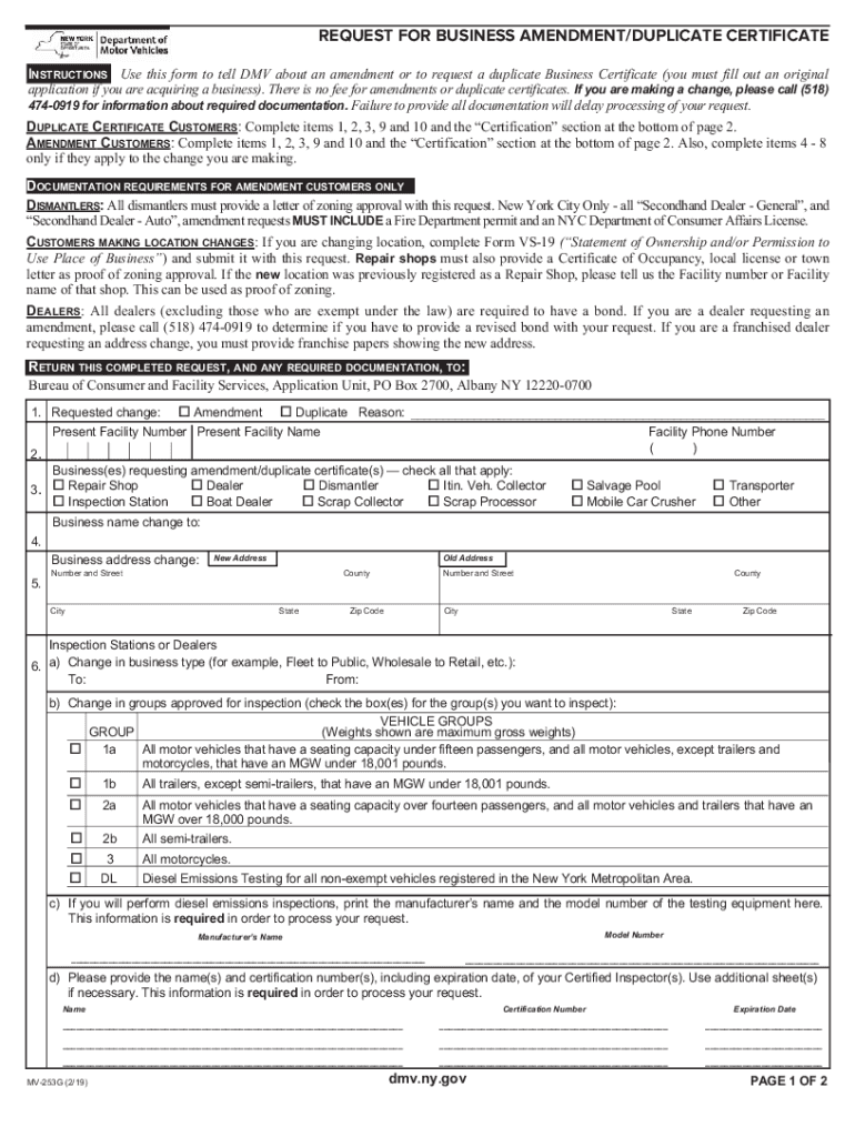  Form MV 253G Request for Business AmendmentDuplicate 2019-2024