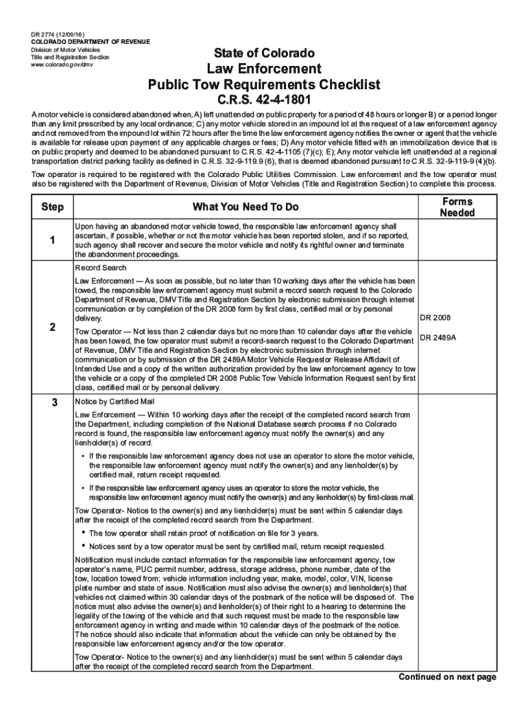  DR 2774 120916 COLORADO DEPARTMENT of REVENUE State of 2016-2024