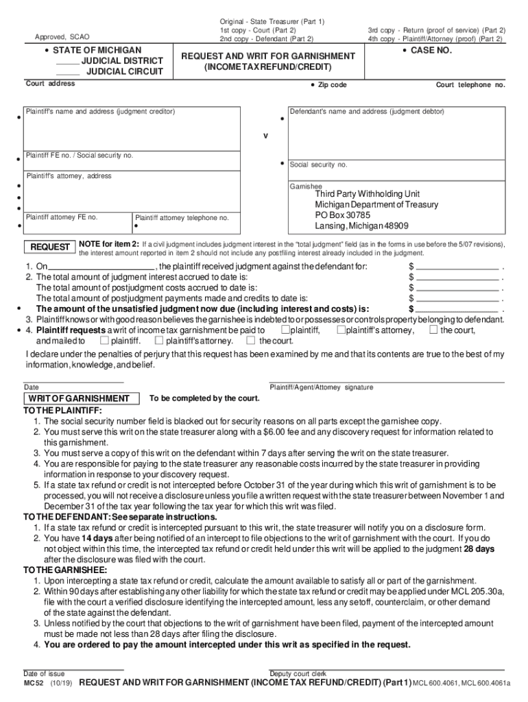 MC 52, Request and Writ for Garnishment Income Tax Refund  Form