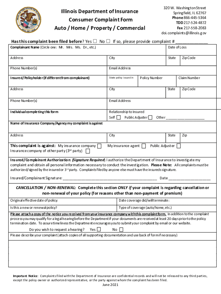 Illinois Department of Insurance Consumer Complaint Form Auto