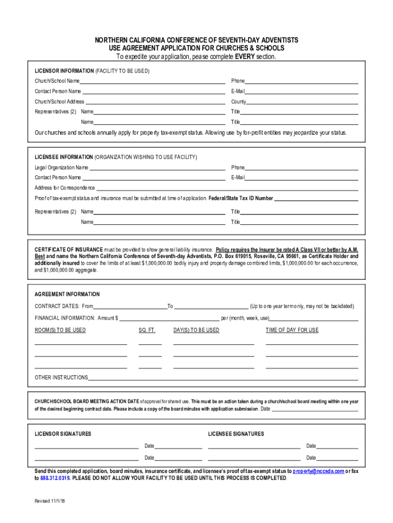 Use Agreement Application for Churches and Schools PDF  Form