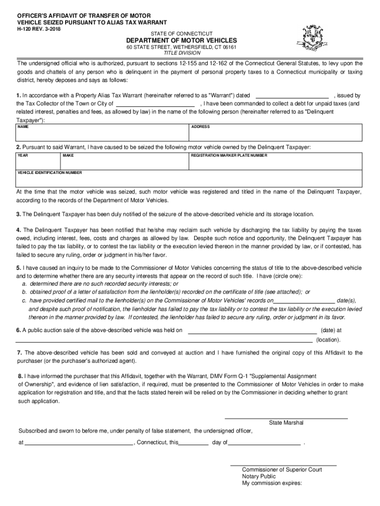  OFFICER'S AFFIDAVIT of TRANSFER of MOTOR Connecticut 2018-2024