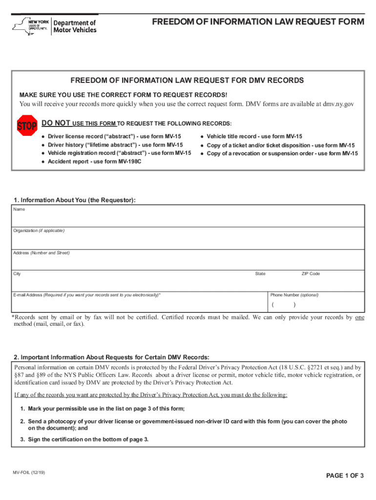  Dom of Information Law Request Form New York DMV 2019-2024