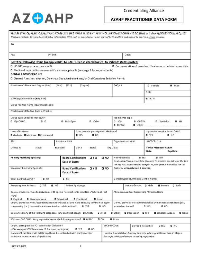 Credentialing Alliance AZA HP PRACTITIONER DATA FO  Form