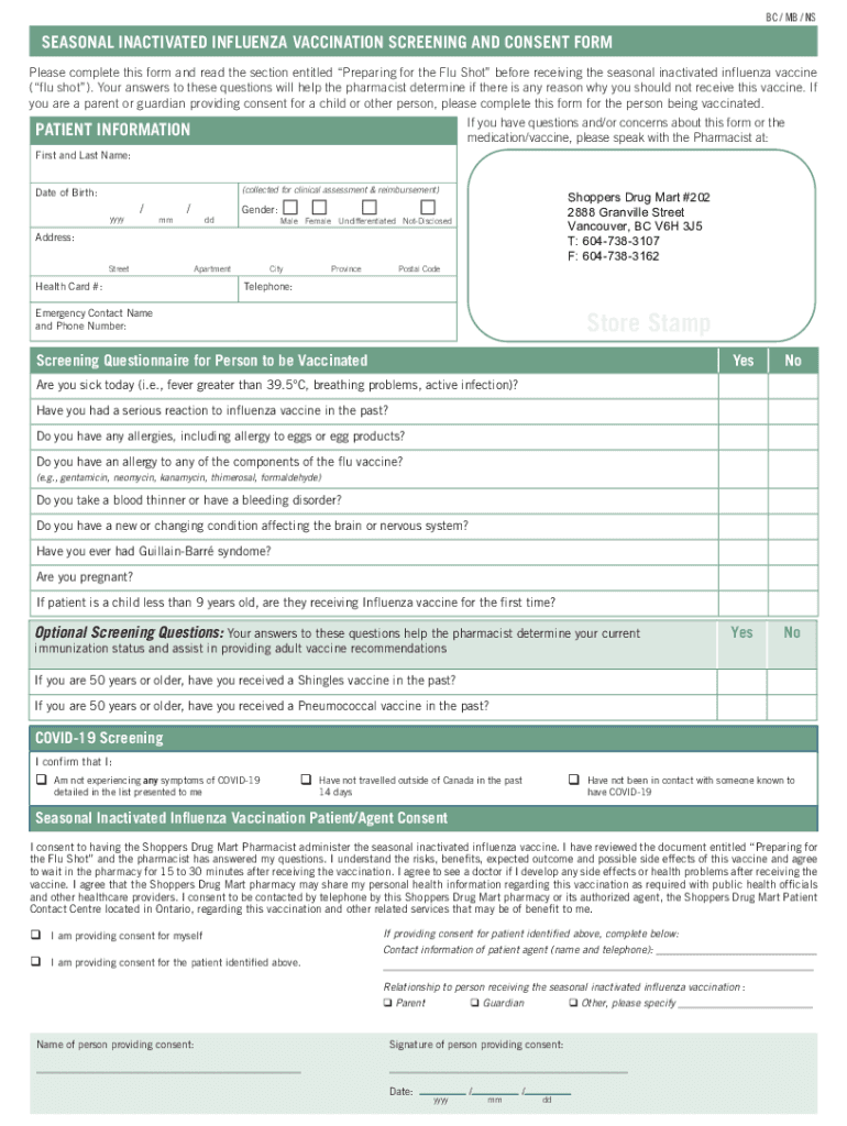 Shoppers Flu Shot Form