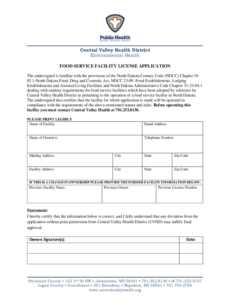 Food Service Facility Application Central Valley Health District  Form