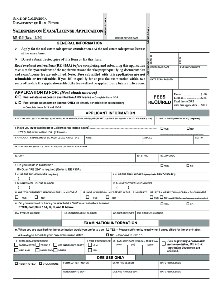  Salesperson Exam Application Form PDF STATE of CALIFORNIA DEPARTMENT of REAL ESTATE EXAM 2020