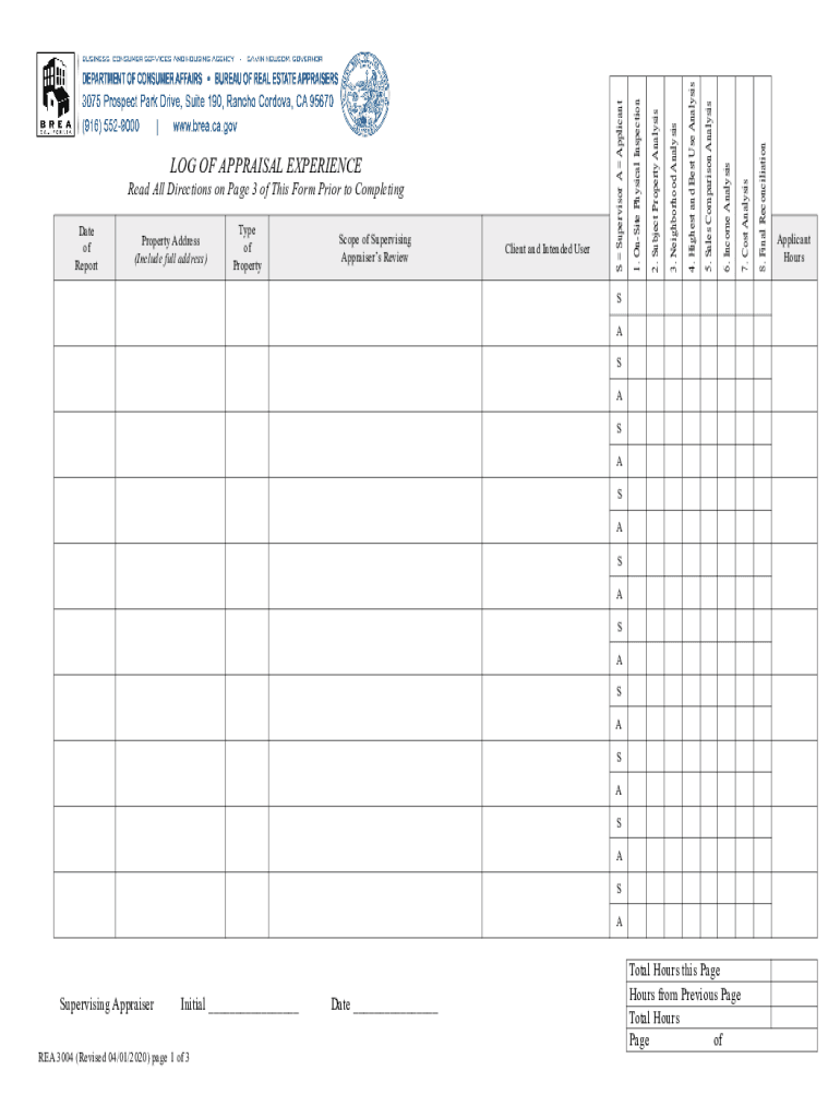  Log of Appraisal Experience Form 3004 Example 2020-2024