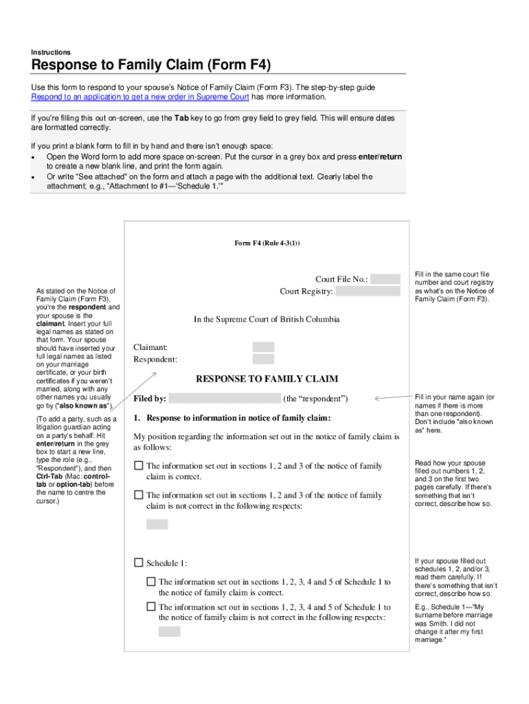 InstructionsResponse to Family Claim Form F4 Use