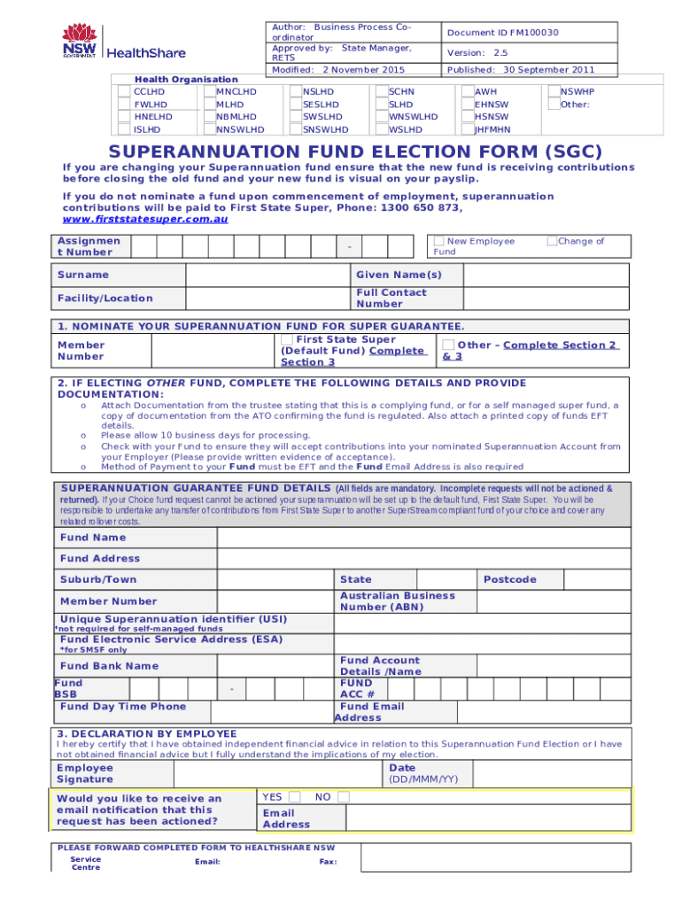 Superannuation Fund Election Form SGC NSW Health