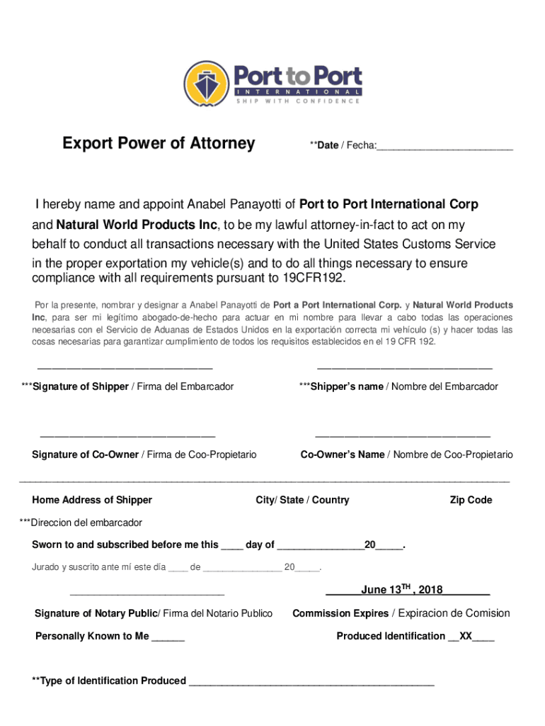  Export Power of Attorney Ptpshipping Com 2018-2024