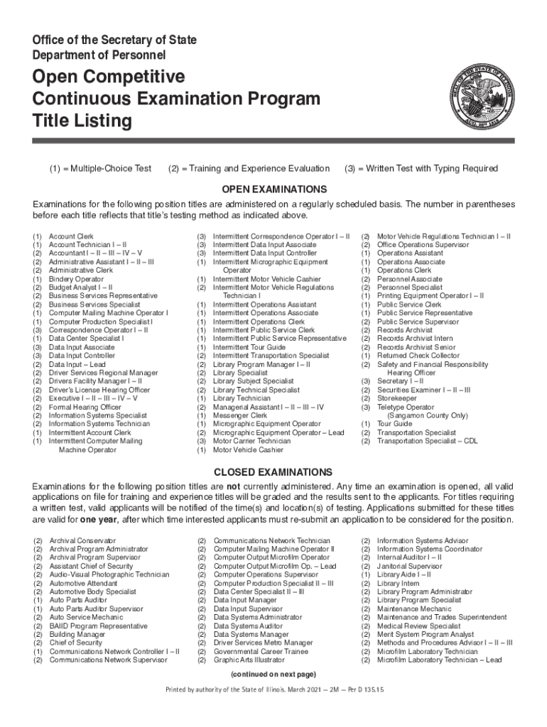  Open Competitive Continuous Examination Program Title Listing 2021-2024