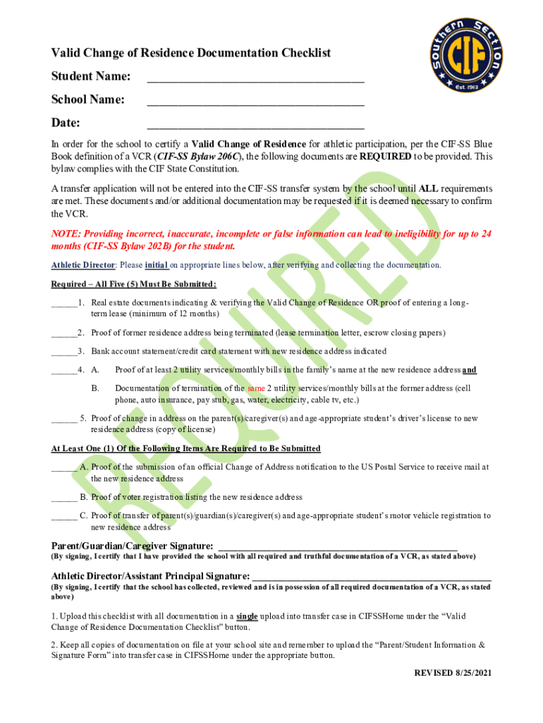 ENROLLMENT SERVICES RESIDENCE QUESTIONNAIRE and CHECKLIST  Form