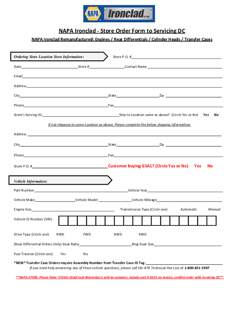  NAPA Ironclad Store Order Form to Servicing DC 2021-2024
