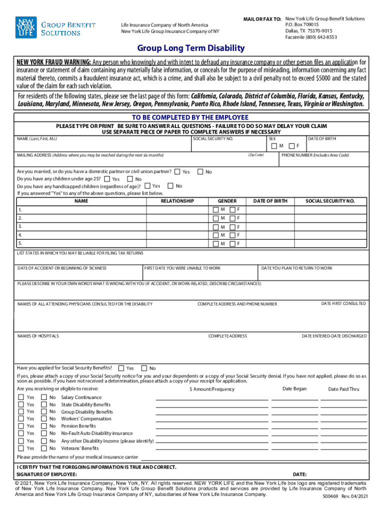 NYL Group Long Term Disability 500469 Interactive PDF  Form