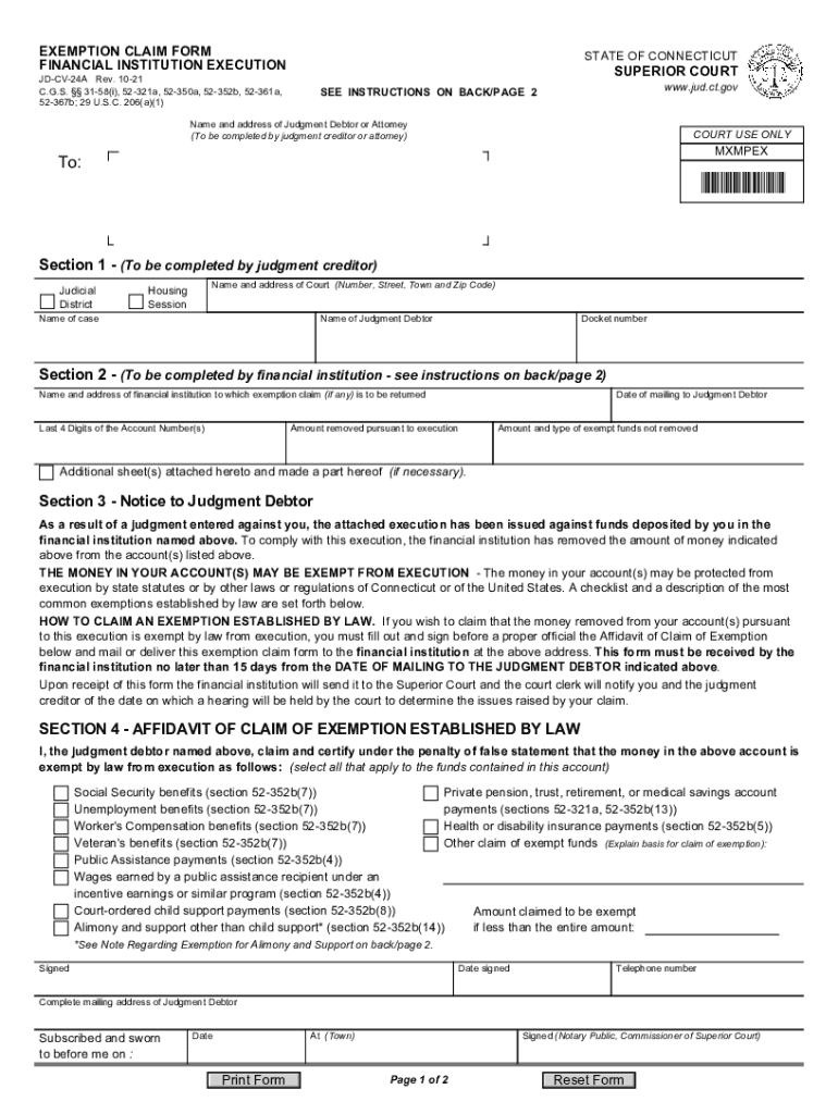 Www Jud Ct Gov WebForms FormsEXEMPTION CLAIM FORM Connecticut Judicial Branch