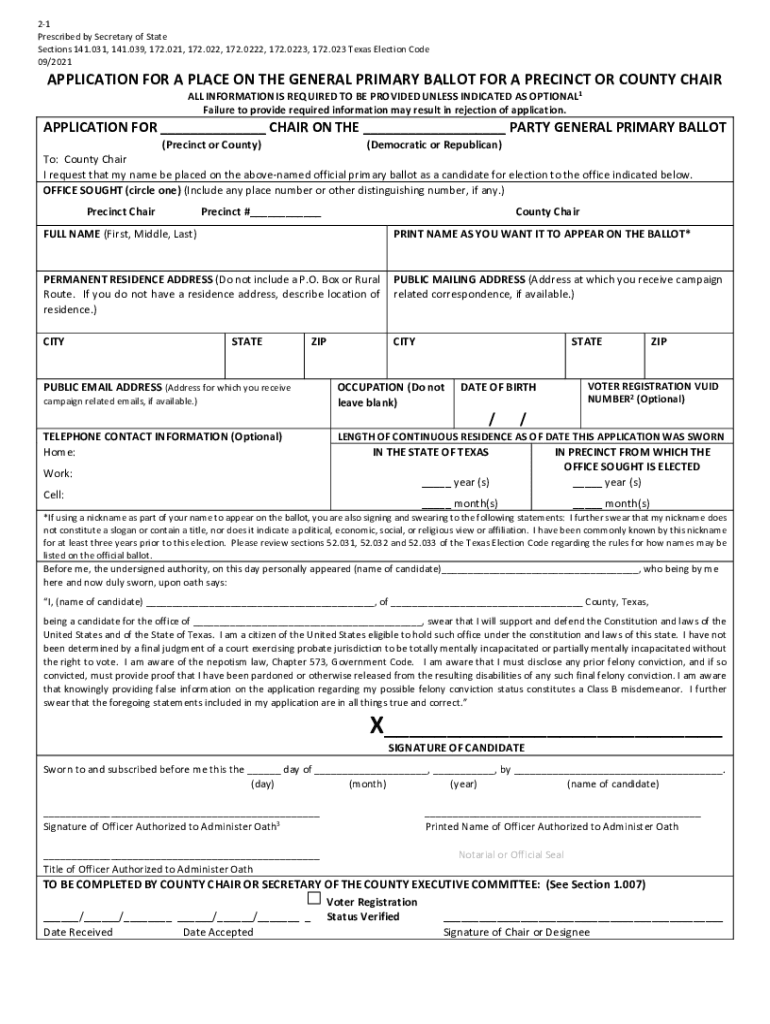 Get and Sign Application for a Place on the General Primary Ballot for a Precinct for County Chair 2021-2022 Form