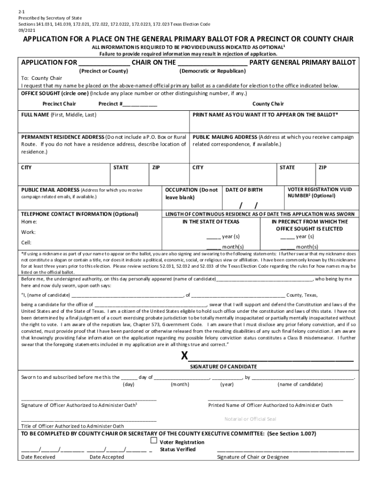  Application for a Place on the General Primary Ballot for a Precinct for County Chair 2021-2024