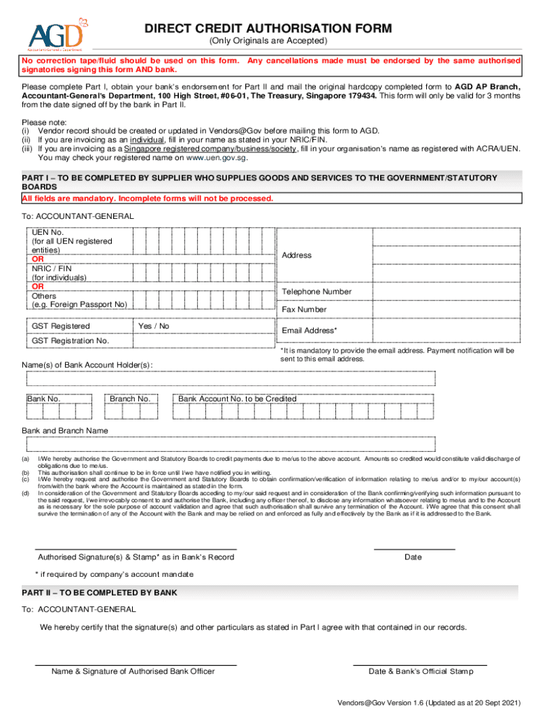 DIRECT CREDIT AUTHORISATION FORM Only ORIGINAL and COMPLETED