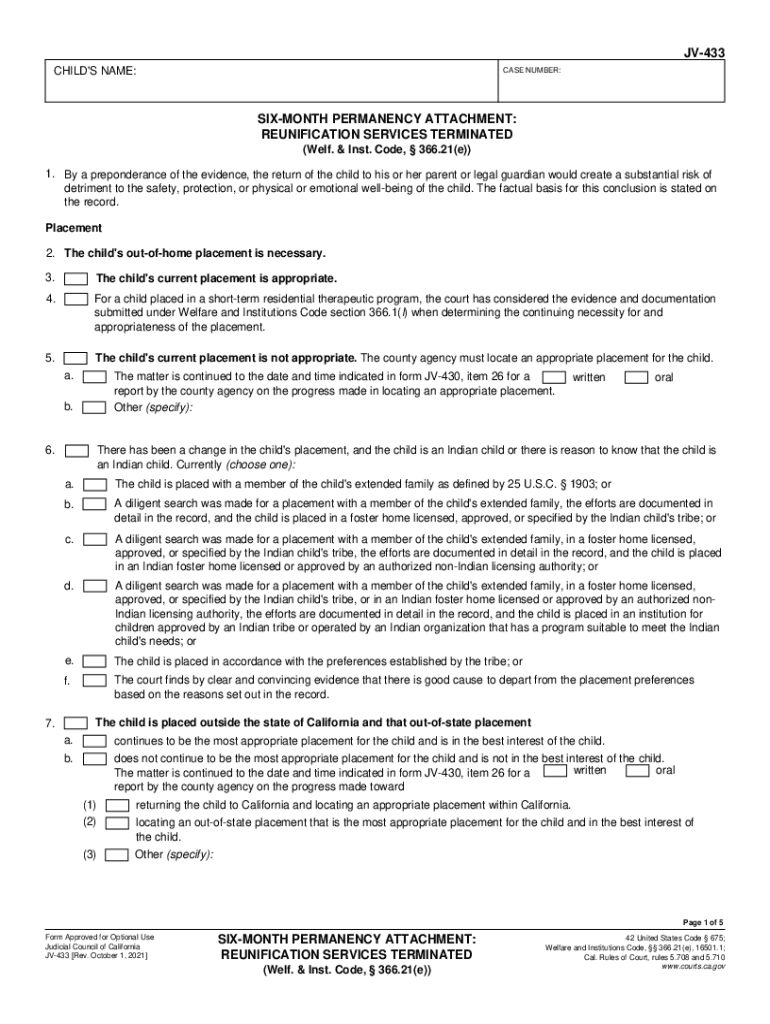 Form JV 433 &amp;quot;Six Month Permanency Attachment