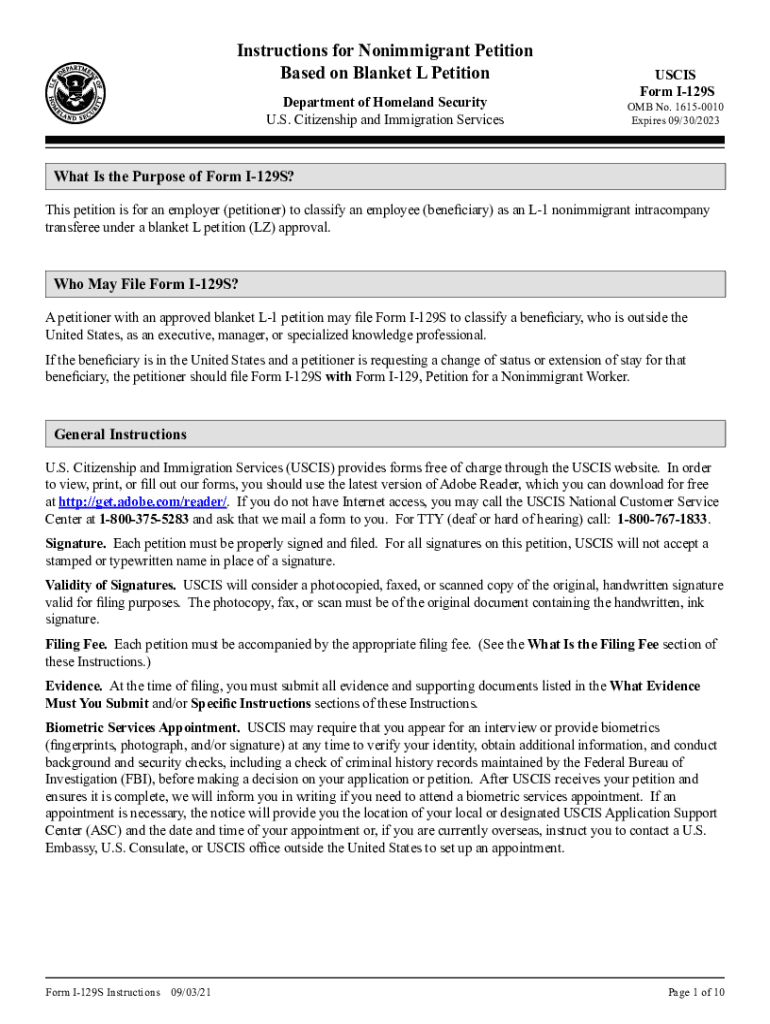  Form I 129S, Nonimmigrant Petition Based on Blanket L Petition Instructions for Nonimmigrant Petition Based on Blanket L Petitio 2021-2024