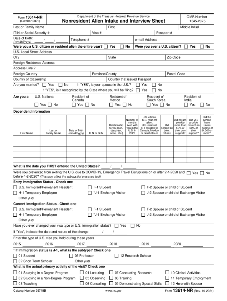 Form 13614 NR Rev 10 Nonresident Alien Intake and Interview Sheet