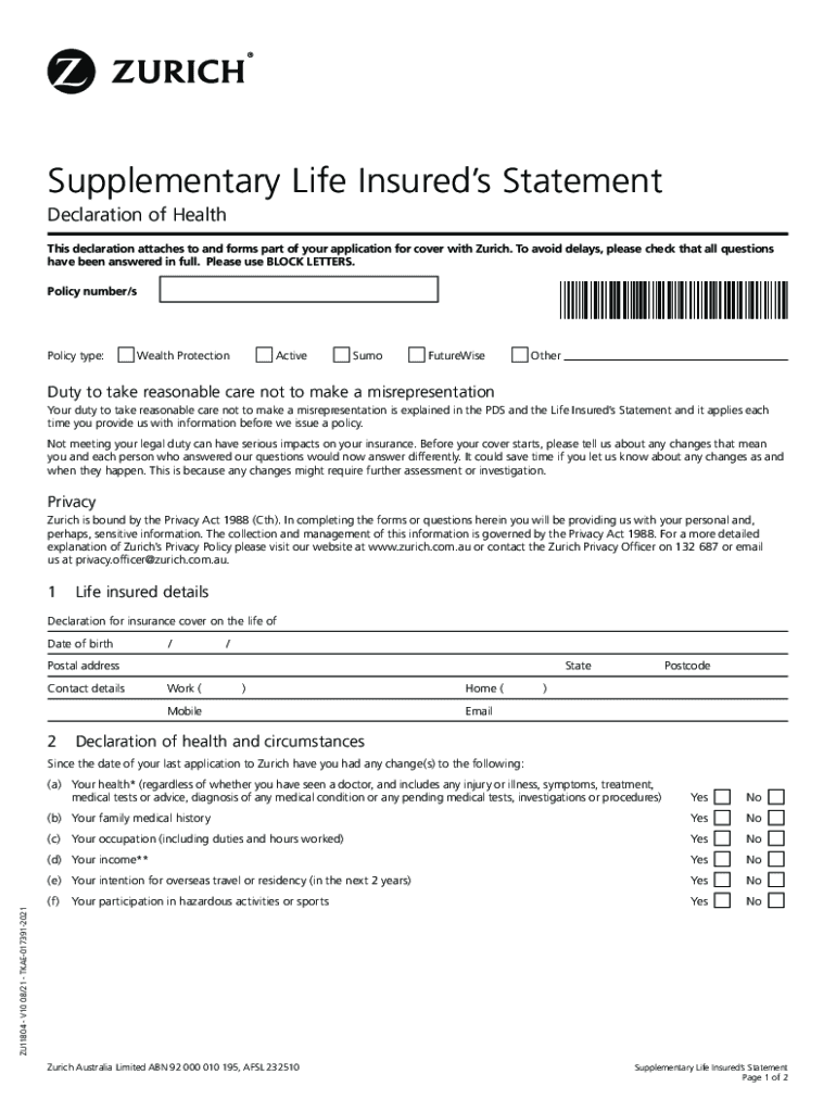 Get and Sign Supplementary Life Insureds Statement  Form