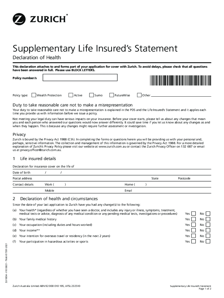 Supplementary Life Insureds Statement  Form