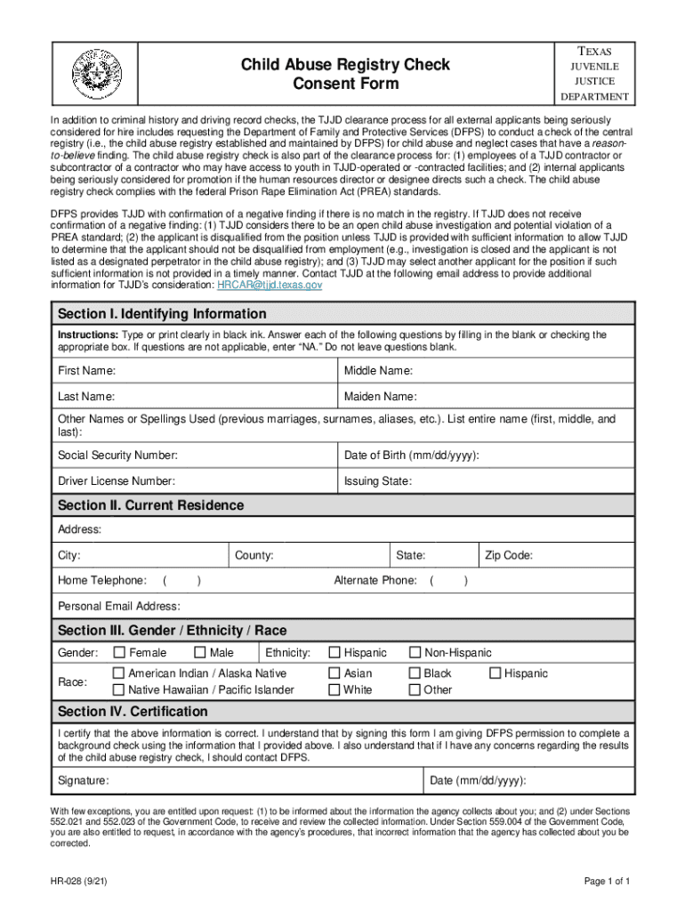 HR 028, Child Abuse Registry Check Consent Form, Revised September