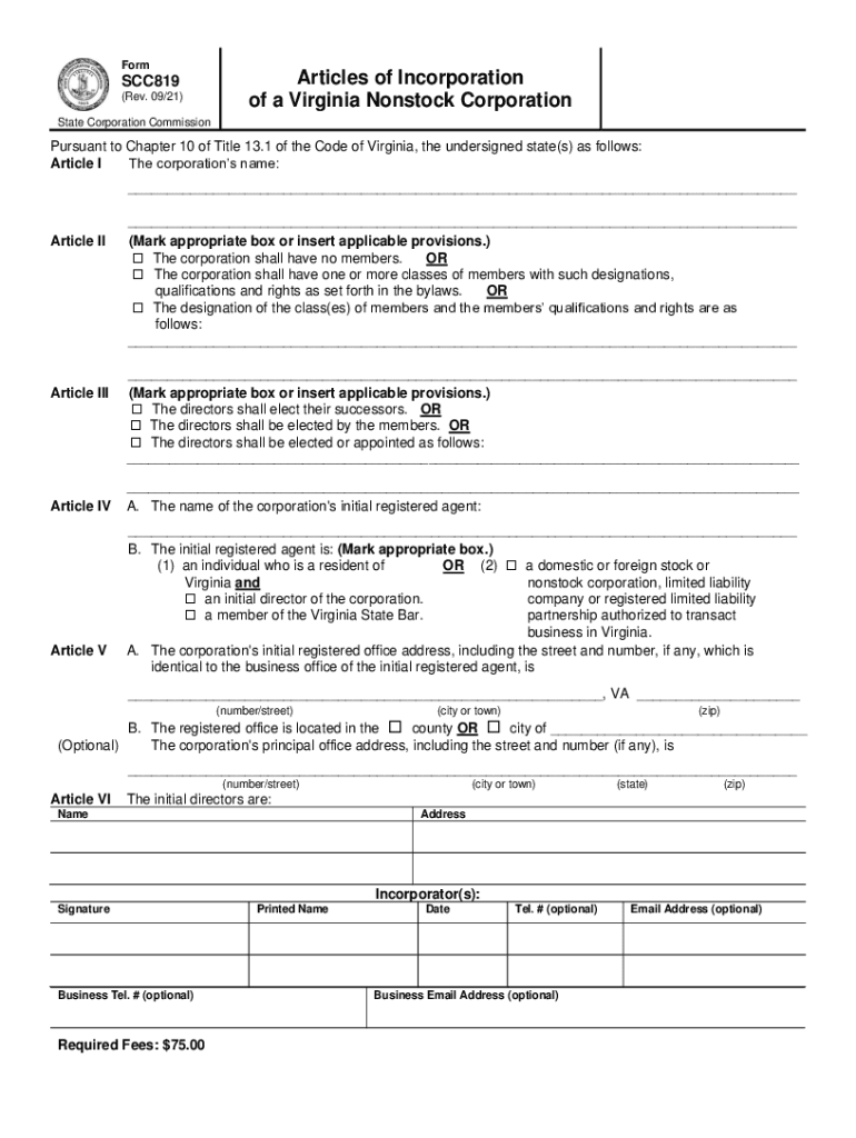  Instructions to Form SCC819 Articles of Incorporation of 2021-2024