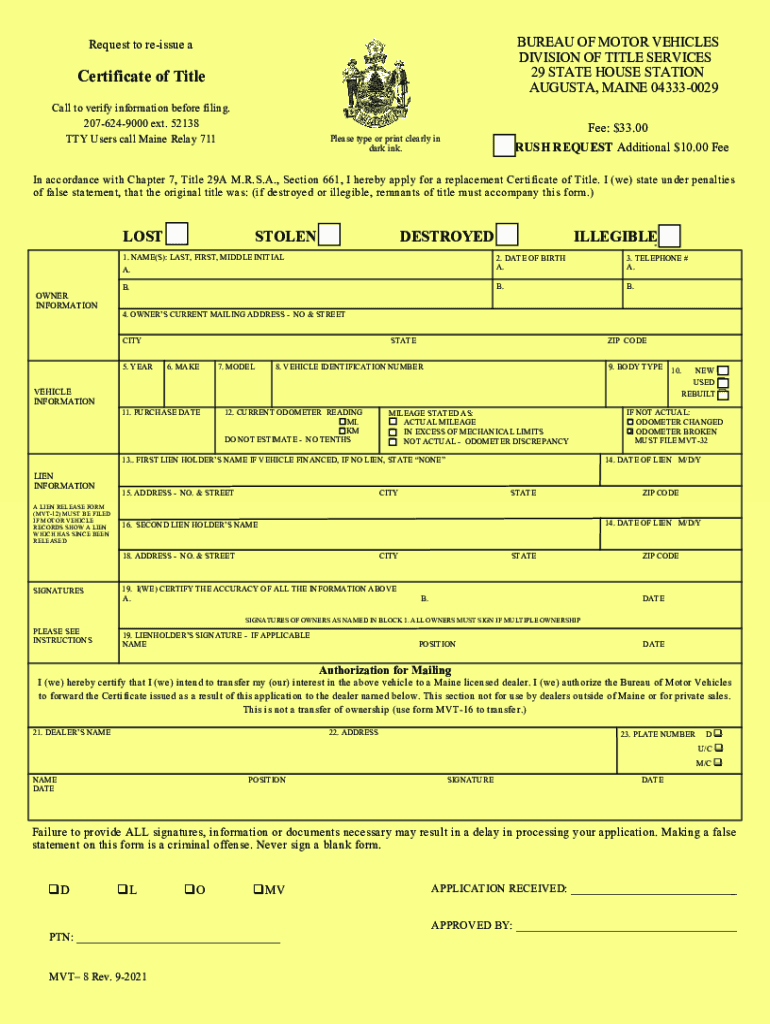  Request to Re Issue a BUREAU of MOTOR VEHICLES DIVISION of 2021-2024