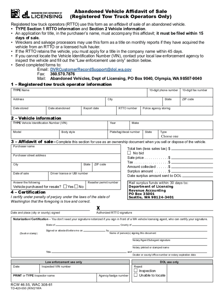 Get and Sign Abandoned Vehicle Affidavit of Sale Form for Registered Tow Truck Operators RTTO to Use as an Affidavit of Sale of an Abandoned  2019-2022