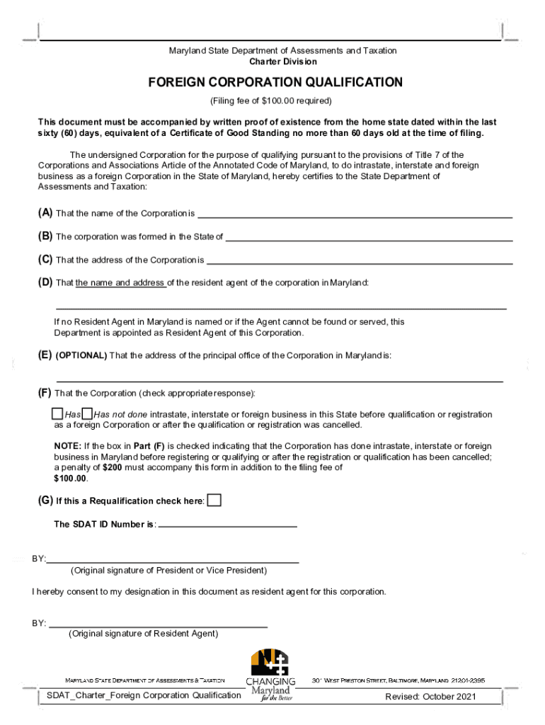  Fill Fillable Maryland Department of Assets FOREIGN CORPORATION QUALIFICATION Form 2021