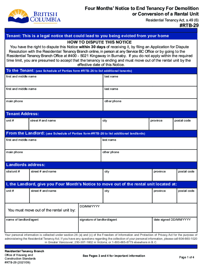 Fill Fillable Four Months' Notice to End Tenancy  Form