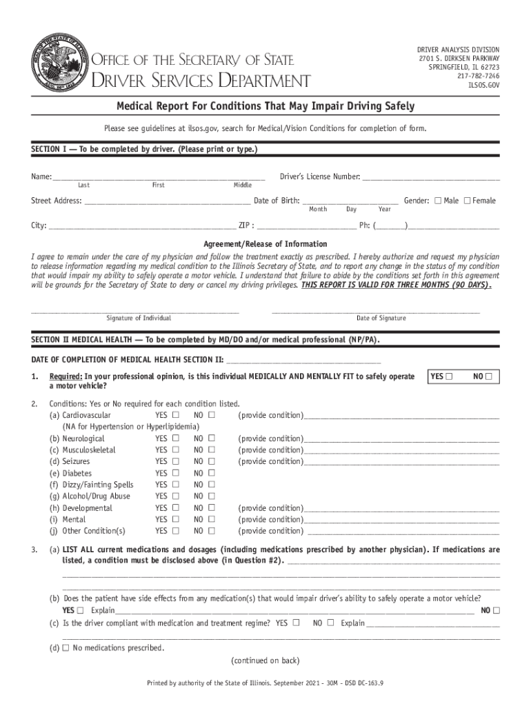 Illinois Secretary of State Medical Report Fill and Sign  Form