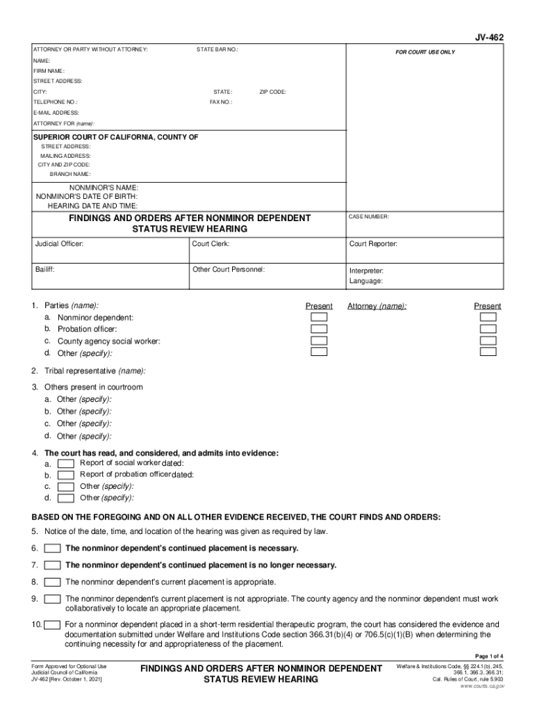  Form JV 462 Download Fillable PDF or Fill Online Findings 2021-2024