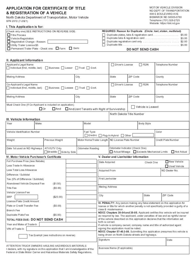  APPLICATION for CERTIFICATE of TITLE MOTOR VEHICLE DMV 2021-2024