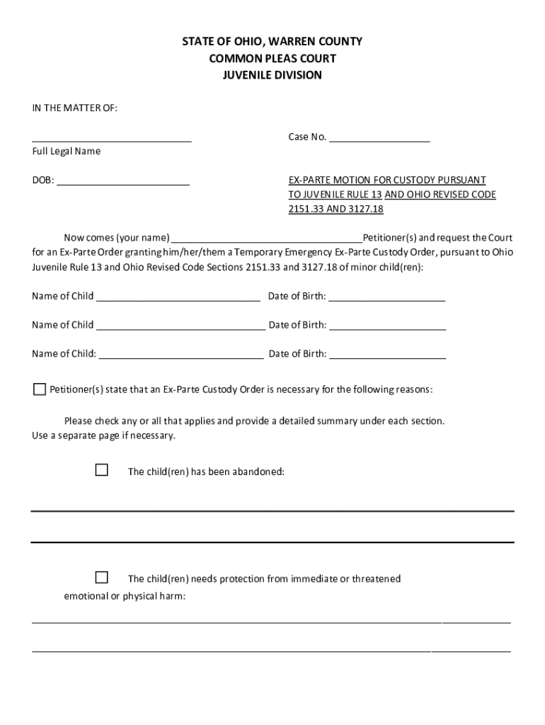Get and Sign Sample Ex Parte Motion for Custody Fill Out and Sign 2021-2022 Form