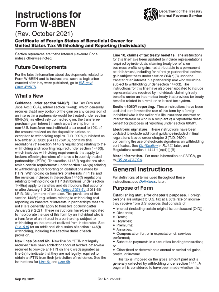  Instructions for Form W 8BEN Rev October Instructions for Form W 8BEN, Certificate of Foreign Status of Beneficial Owner for Uni 2021-2024