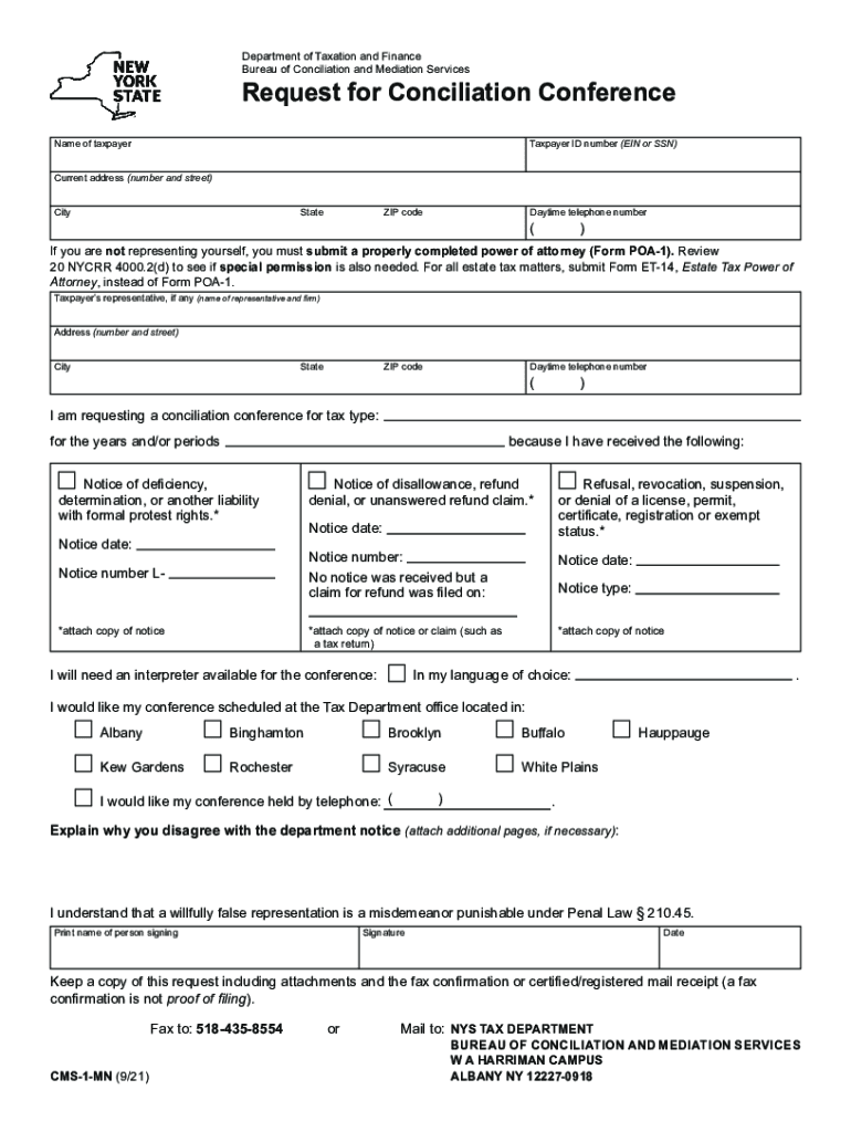  Form CMS 1 MN &amp;quot;Request for Conciliation Conference&amp;quot; New York 2021