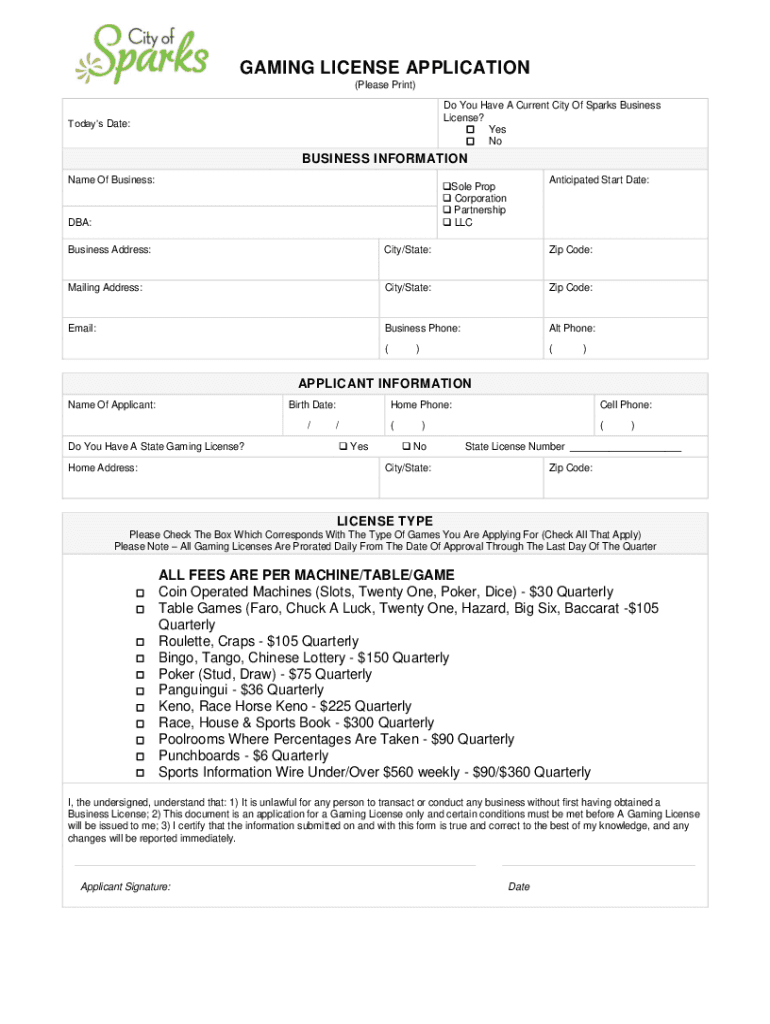 Nevada Application Gaming License  Form