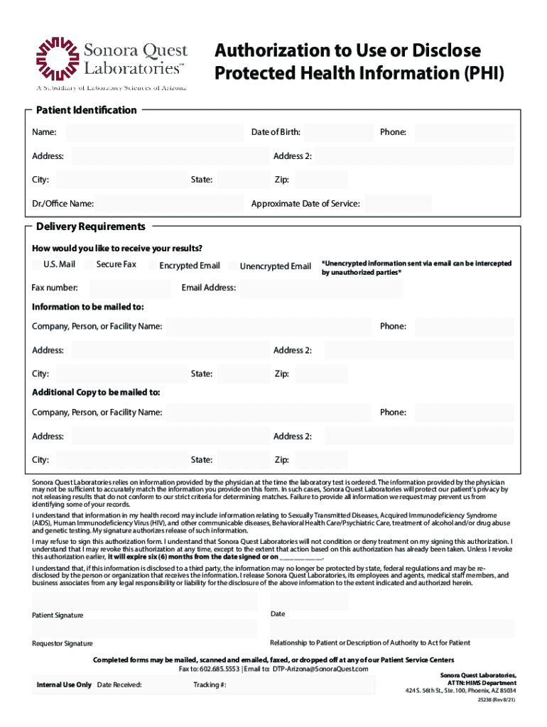 Authorization to Use or Disclose Protected Health Information PHI Sonora Quest