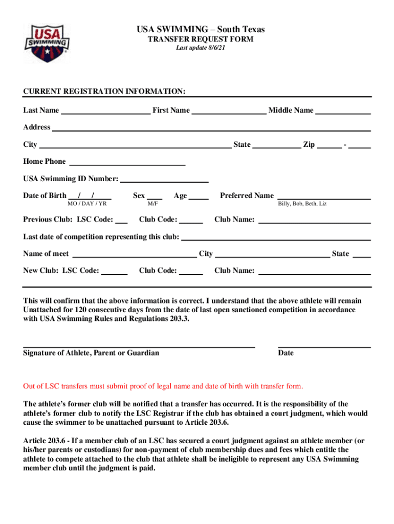 USA SWIMMING South Texas TRANSFER REQUEST FORM Last Update
