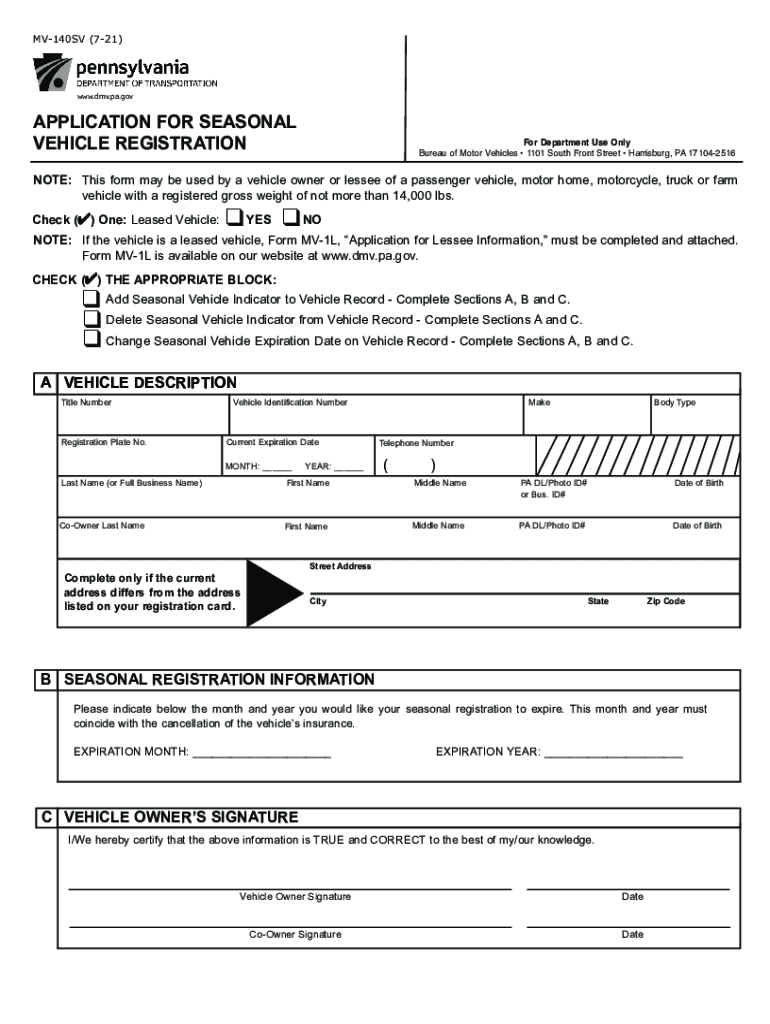  Www Dmv Pa Gov APPLICATION for SEASONAL VEHICLE 2021-2024