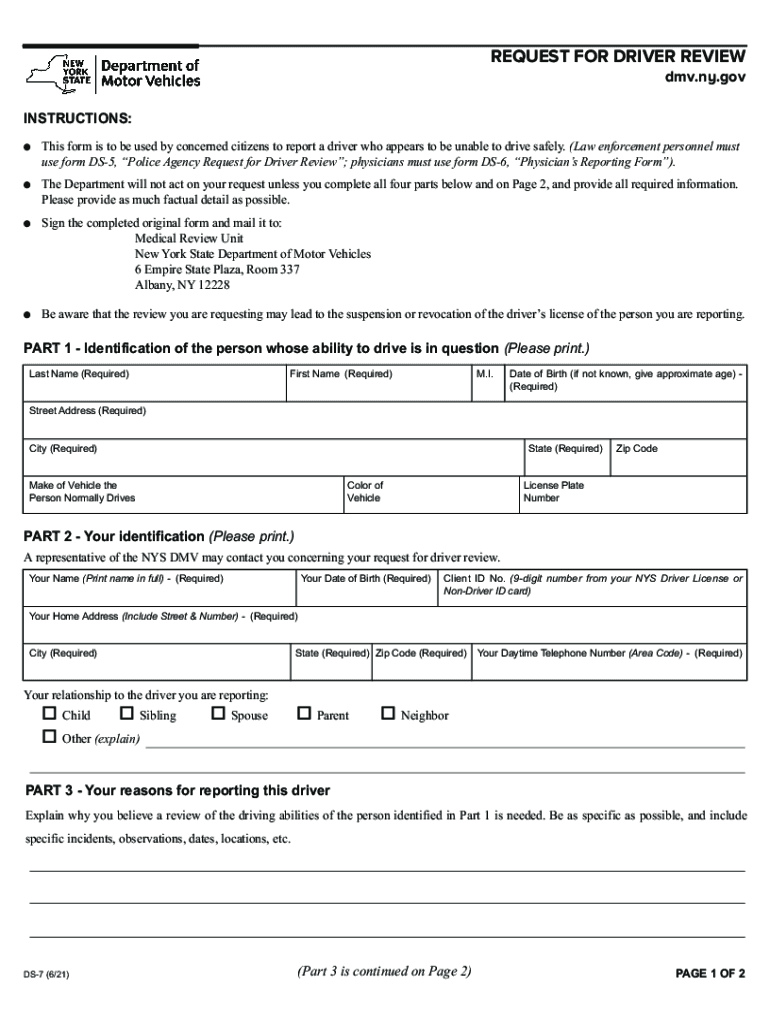  Form DS 7 Request for Driver Review New York Download 2021-2024