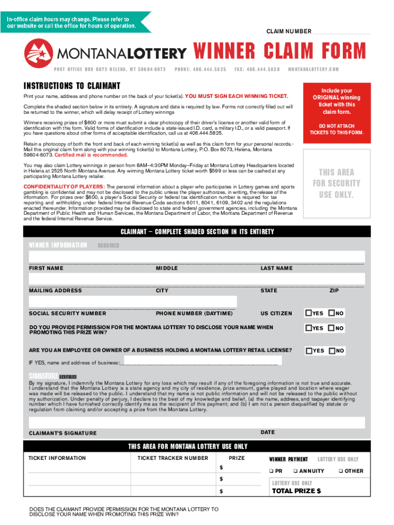  CLAIM NUMBER WINNER CLAIM FORM Montana Lottery 2019-2024