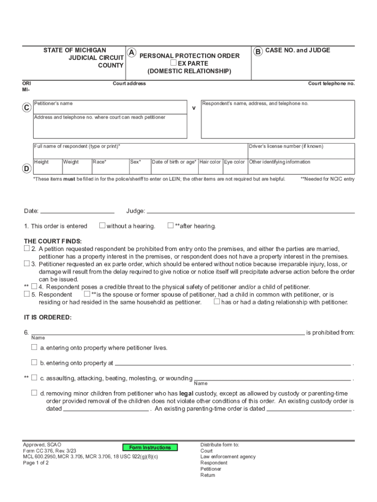 CC 376, Personal Protection Order Domestic Relationship  Form