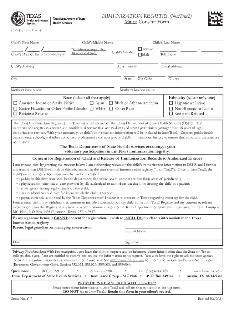 Texas Immunization Registry Immtrac2  Form